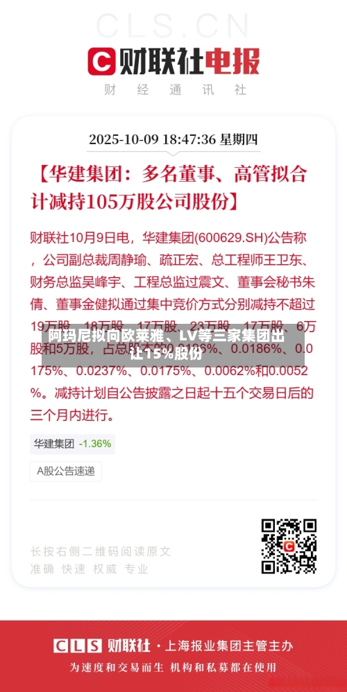 阿玛尼拟向欧莱雅、LV等三家集团出让15%股份